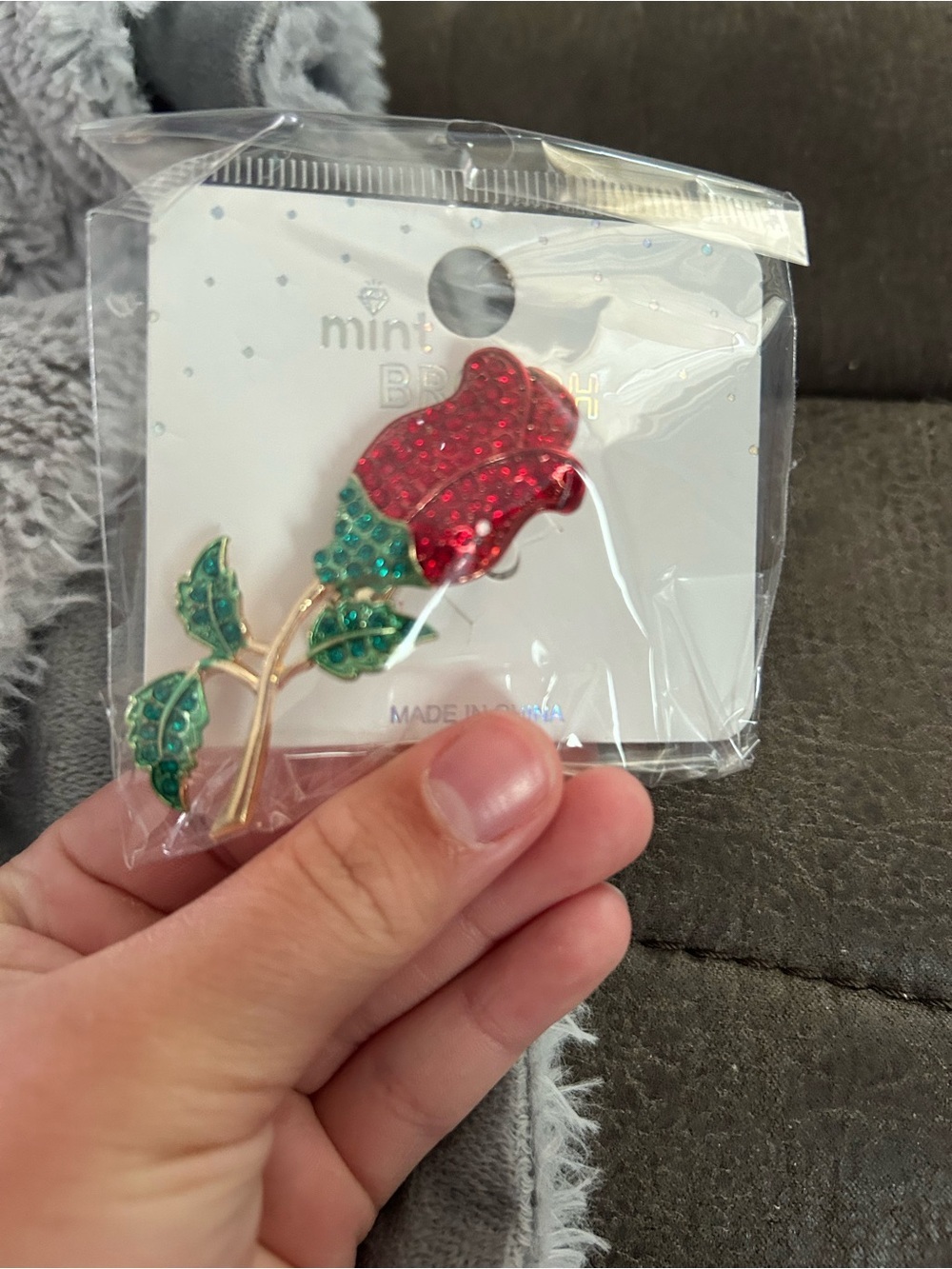 4/$50 Mint Red and Green Rhinestone Rose Brooch